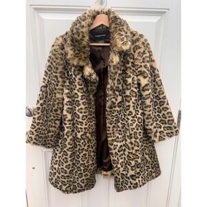 Bagatelle Womens Leopard Print Faux Fur Coat Brown Tan Medium Mid Length Jacket